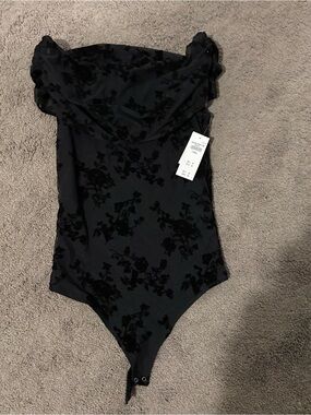Black Floral Velvet Burnout off the shoulder Bodysuit